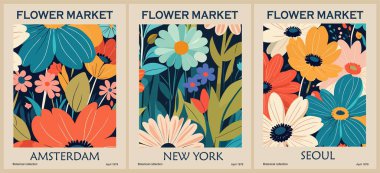 Set of abstract Flower Market posters. Trendy botanical wall arts with floral design in vivid bright colors. Modern naive groovy funky interior decorations, paintings. Vector art illustration. clipart