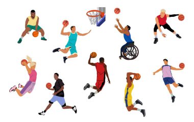 Farklı spor takımları, kadın, tekerlekli sandalyedeki engelli basketbolcular. Profesyonel sporcular topa, potalar ağlara ve kalkanlara. Beyaz arkaplanda vektör illüstrasyonları.