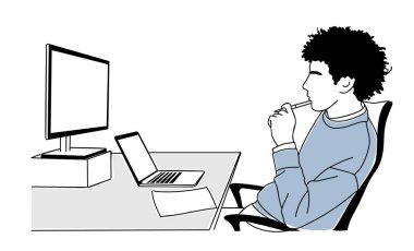 Genç iş adamı dizüstü bilgisayarı ve monitörüyle masada oturuyor. İş problemini düşünen, şık günlük kıyafetli bir adam. Uzman, programcı, programcı. Renkli vektör çizimi.