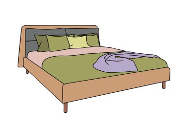 Yeşil çarşaflı, yastıklı rahat bir yatak. Modern mobilyalar, İskandinav ev tasarımları için iç mekan. Beyaz arkaplanda izole edilmiş vektör düz renkli illüstrasyon