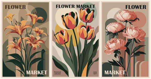 Set of abstract Flower Market posters. Trendy botanical wall arts with floral design in earth tone colors. Modern naive groovy funky interior decorations, paintings. Vector art illustration.