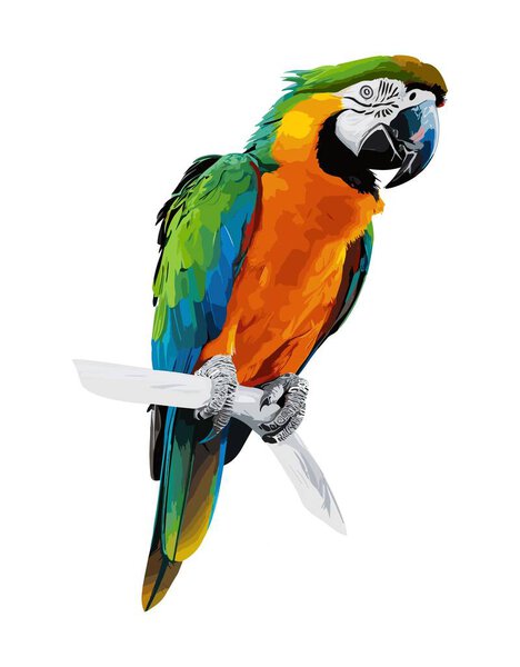 A colorful parrot is perched on a white background. The bird is green and yellow, with a black beak. The image has a bright and cheerful mood, with the parrot standing out against the white background