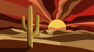 Çöl manzarasında kaktüs siluetiyle dramatik günbatımı olan soyut bir arka plan. Gökyüzü kırmızı ve güneş batıyor. Vektör minimalist basit monokrom çizimi.