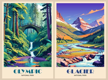 Retro National Park posterleri, Vintage USA seyahat çizimleri. Güzel Amerikan peyzajları olan modaya uygun duvar resimleri. Vektör renkli çizimler.