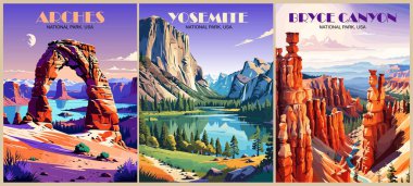 Retro National Park posterleri, Vintage USA seyahat çizimleri. Güzel Amerikan peyzajları olan modaya uygun duvar resimleri. Vektör renkli çizimler.