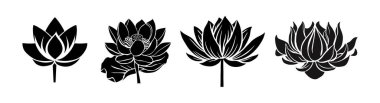 Lotus seti, Su Zambağı çiçeği siyah siluetler. Temmuz ayı çiçekleri. Dövme, logo, kart, ambalaj, duvar sanatı için modern tasarım. Beyaz arkaplanda izole edilmiş vektör monokrom çizimleri.