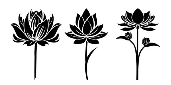 Lotus Seti Zambağı Çiçeği Siyah Siluetler Temmuz Ayı Çiçekleri Dövme Stok Vektör