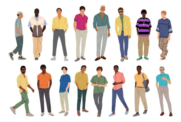 Multiracial Set Stylish Men Different Ages Wearing Summer Street Fashion 矢量图形