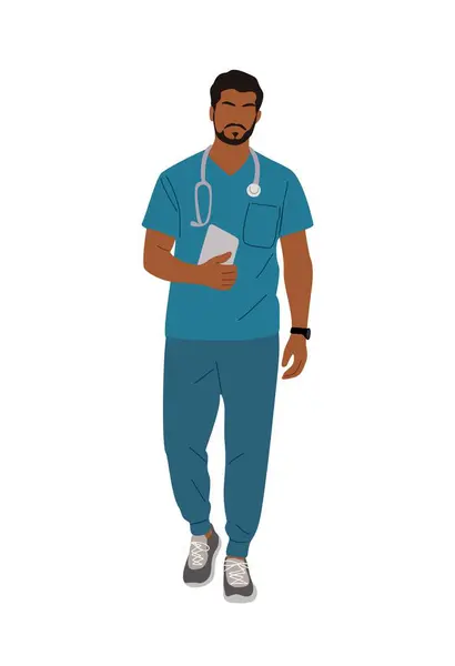 年轻英俊的医生 带着数码平板电脑的辅助医务人员 男医生穿着蓝色制服 用听诊器擦拭 在透明背景下孤立的卡通矢量真实感说明 矢量图形