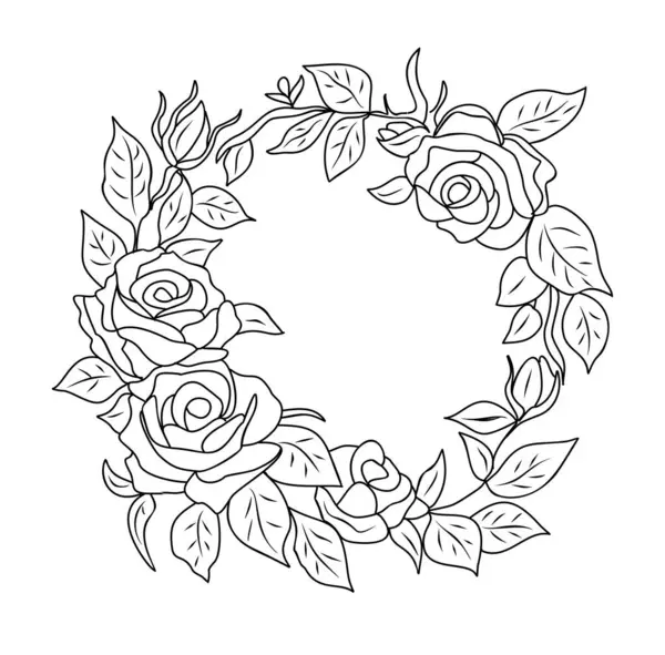 手工绘制的植物花环线艺术矢量在白色背景上孤立 圆形框架 玫瑰花 黑色墨水素描风格 雅致的婚宴请柬设计 图库插图