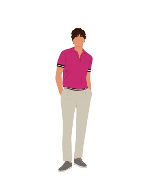 Sıradan bir yaz giysisi giyen şık bir adam. Kolları ceplerinde duruyor. Beyaz arkaplanda izole edilmiş vektör gerçekçi illüstrasyon.