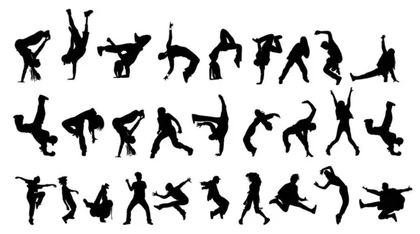 不同男人的轮廓 自由式霹雳舞中的女舞者 街头风格 体育舞蹈姿势 在白色背景上孤立的矢量黑色单色插图 免版税图库矢量图片