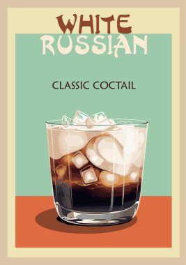 Beyaz Rus Kokteyl retro posteri. Popüler alkollü içecek baskısı. Bar, bar, restoran, mutfak duvarı resimleri için klasik vektör illüstrasyonu.