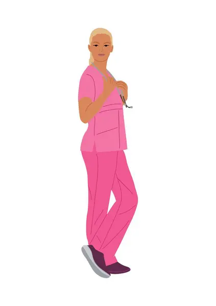 女医生 护士性格侧观全长 年轻自信的医疗保健专业人员穿着粉色的医疗制服 配戴听诊器 金发漂亮女孩矢量逼真的例子孤立 免版税图库插图