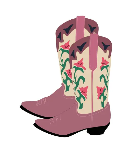 Para Kowbojskich Butów Ozdobą Kwiatową Kowbojki Rysowane Kreskówkowym Stylu Kolorze Ilustracja Stockowa