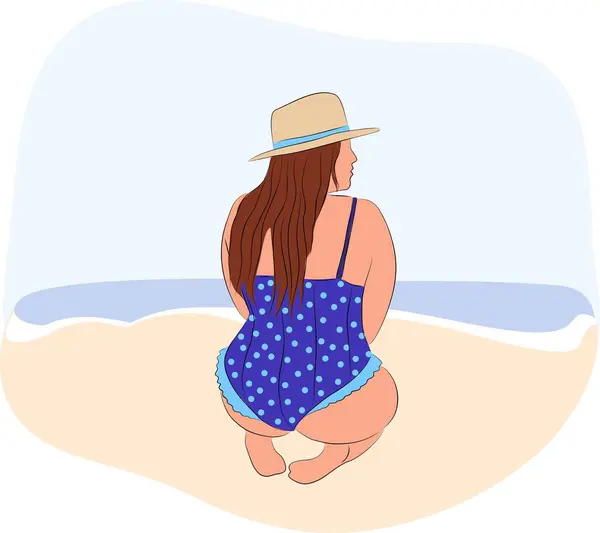 Mayolu Şapkalı Güzel Kıvrımlı Kız Yaz Sahilinde Oturuyor Deniz Manzaralı Stok Vektör