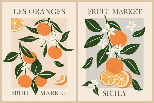 Soyut Fruit Market Retro Posterleri Portakal Rengi Meyve Tasarımı Fransızca Stok Illüstrasyon