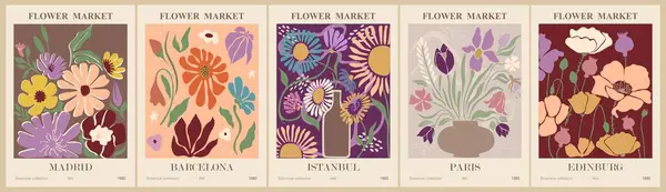 ดโปสเตอร ตลาดดอกไม นามธรรม เทรนด ลปะผน การออกแบบดอกไม ในจานส Fuzz โมเด นไร ภาพประกอบสต็อกที่ปลอดค่าลิขสิทธิ์