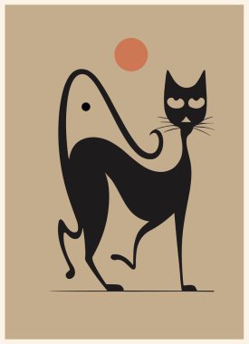 Retro poster in Mid Century modern style with cute black cat drawing. Vintage vector illustration of Atomic Cat for printable wall art, card, decoration.  clipart