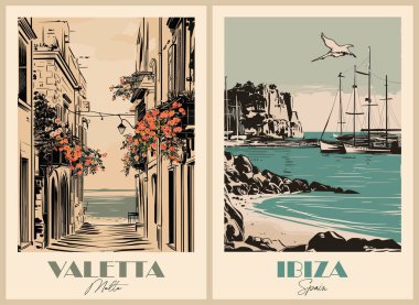 Geçmişe Yolculuk Gidiş Posterleri seti. Valetta, Malta Cityscape ve Ibiza, İspanya kıyı manzarası. Litografi tarzında eski mürekkep taslak vektörü çizimi. 
