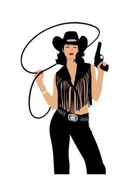 Kovboy şapkası, fırfırlı deri yelek, silah ve kementle geleneksel batılı elbiseli kovboy kız. Vahşi batı konsepti. Basit biçimlendirilmiş düz vektör çizimi beyaz arkaplanda izole edildi.