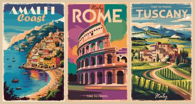 İtalya Seyahat İstikamet Posterleri seti. Toskana, Roma, Amalfi Sahili dijital baskıları. Avrupa yaz tatili, tatil konsepti. Vintage vektör renkli çizimler.