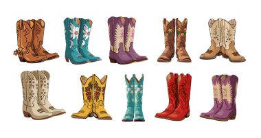 Collection of different cowgirl boots. Traditional western cowboy boots decorated with embroidered wild west ornament. Realistic vector art illustrations isolated on white background. clipart