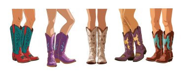 Batılı kovboy çizmeleri giymiş kadın bacakları. Geleneksel vahşi batı dekorasyonu işlemeli süslü kovboy çizmeleri. Beyaz arkaplanda izole edilmiş gerçekçi el çizimi vektör çizimi.