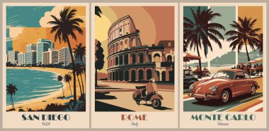 Geçmişe Yolculuk Gidiş Posterleri seti. Roma, İtalya, San Diego, ABD, Monte Carlo, Monako dijital baskıları. Yaz tatili, tatil konsepti. Vintage vektör renkli çizimler.