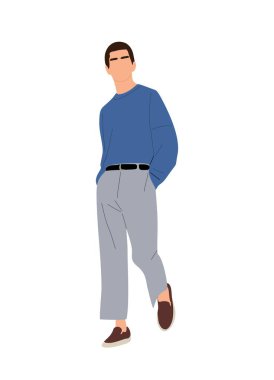 Modern adam şık sokak kıyafetleri, pantolon ve süveter giyiyor. Kendine güvenen yakışıklı bir adam. Şeffaf arkaplanda izole edilmiş vektör renkli illüstrasyon.