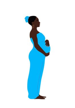 Hamile siyahi kadın, elleri karnında dikiliyor. Afrika kökenli Amerikalı anne bebek bekliyor. Müstakbel anne. Hamilelik, annelik kavramı. Düz vektör çizimi şeffaf arkaplanda izole edildi.