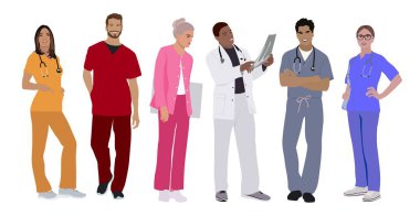 Gülümseyen doktorlar, hemşireler, sağlık görevlileri. Steteskoplu üniformalı farklı erkek ve kadın sıhhiyeciler. Düz çizgi film vektör çizimi şeffaf arkaplanda izole edildi.