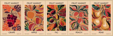 Soyut Fruit Market retro posterleri. Sonbahar sıcacık renklerinde meyve tasarımı ile çağdaş duvar sanatları. Modern naif, modaya uygun iç dekorasyon, tablolar. Vektör illüstrasyonları.