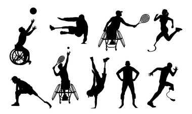 Engelli sporcuların siluetleri. Protez bacaklı sporcular, tekerlekli sandalyelerde yarışmaya katılıyorlar, spor yapıyorlar, tenis oynuyorlar, futbol oynuyorlar. Vektör çizimi izole edildi.