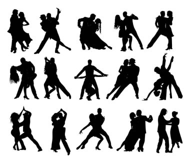 Farklı dans eden çiftlerin siluetleri, dansçılar Tango, Salsa, Bachata, Flamenco, Latin dansı. Dans eden genç erkekler ve kadınlar. Şeffaf arkaplanda izole edilmiş siyah vektör çizimleri.