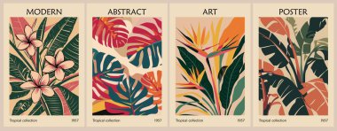 Set of abstract Flower Market posters. Trendy botanical wall arts with exotic tropical flowers, Bird of Paradise, Plumeria, Monstera in bright colors. Vector illustrations in Mid century modern style. clipart