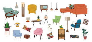 Orta Çağ Modern iç dekorasyon seti. Retro mobilyalar, saksı bitkileri, lambalar, yastıklar, televizyon, telefon, kanepeler ve koltuklar. Düz vektör çizimi şeffaf arkaplanda izole edildi.