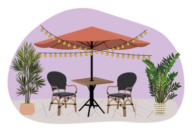 Açık hava kafe, bistro, masa, sandalye, şemsiye, saksı ve açık çelenkli kafe veya restoran. Vektör renkli düz illüstrasyon.