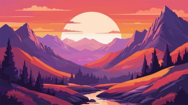 Sunset in mountains background, landscape with river, sun, forest, trees. Colorful vector art illustration, banner, wallpaper clipart