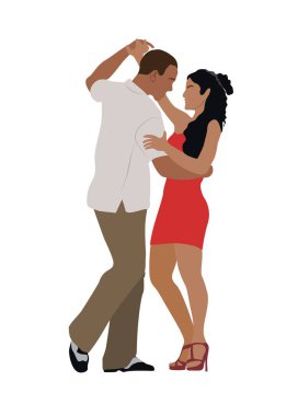 Dans eden çift, dansçılar Tango, Salsa, Bachata, Latin dansı. Dans eden genç adam ve kadın. Şeffaf arkaplanda izole edilmiş gerçekçi vektör illüstrasyonu.