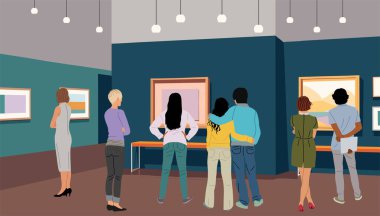 Modern sanat galerisini ziyaret edenler. Sanat sergisinde farklı insanlar yürüyor, ayakta duruyor, duvarlardaki resimlere bakıyor. Turistler sergi salonunda. Düz renkli vektör çizimi.