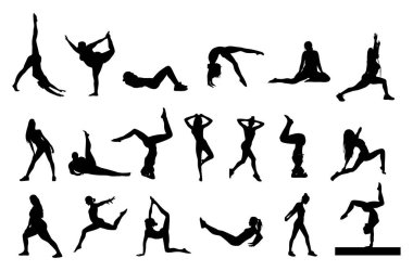 Siluetler spor yapan, spor yapan, jimnastik yapan, yoga yapan farklı genç kadınlar. Sağlıklı bir yaşam tarzı. Saydam arkaplan üzerinde izole edilmiş egzersiz pozisyonlarındaki kadın vektör karakterlerinin koleksiyonu.