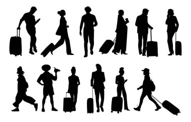 Farklı turist karakterlerinin siluetleri, bavullu kadın ve erkekler ve bavullar, kamera, kahve fincanı yürüyen yan, önden, arkadan, arkadan. Seyahat ve tatil kavramı. Siyah Vektör Resimleri
