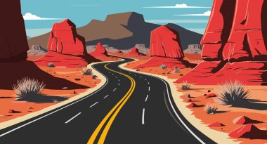 Yol, kaktüsler, tepeler ve dağ siluetleri olan Arizona çölleri. Tek renkli bej ve siyah renkli vektör çizimi. Doğa yatay arkaplan, afiş, kapak, şablon.