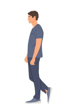 Sağlık çalışanı, doktor, cerrah, kardiyolog, sağlık görevlisi yürüyüşü, yan görüş. Üniforma giyen yakışıklı bir adam. Beyaz arkaplanda izole edilmiş vektör gerçekçi illüstrasyon