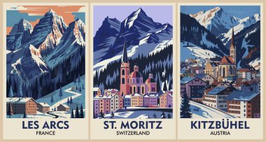 Eski tarz Kayak Seyahat Posterleri seti. Les Arcs, Fransa, St.Moritz, İsviçre, Kitzbuhel, Avusturya dijital baskıları. Kış tatili, aktif yaşam tarzı. Vintage vektör renkli çizimler. 