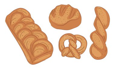 Çeşit çeşit ekmek ve fırın ürünleri, şeffaf arka planda izole edilmiş şekiller ve boyutlar - somun, çörek, pretzel. Klasik tarzda elle çizilmiş vektör çizimi.