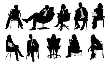 Silhouettes of business people sitting, men and women sit on armchair, office chair with laptop, tablet, front, side view. Vector illustration isolated black on white background. Icons set, bundle. clipart