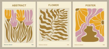 Set of abstract Flower Market posters. Trendy botanical wall arts with floral design in danish pastel colors. Modern naive groovy funky interior decorations, paintings. Vector art illustration