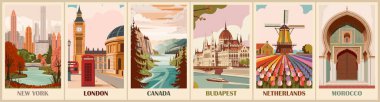 Geçmişe Yolculuk Gidiş Posterleri seti. New York, Londra, Budapeşte, Kanada, Hollanda, Fas baskıları. Uluslararası yaz tatili, tatil konsepti. Vintage vektör çizimleri. 